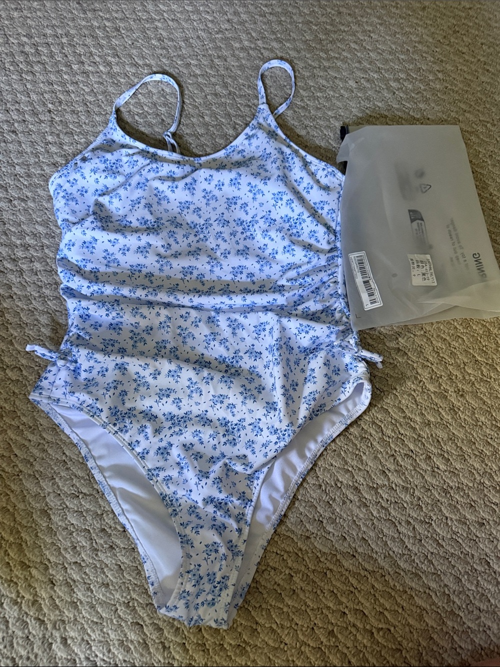 Girls One-Piece Swimsuit in White with Blue Floral Print